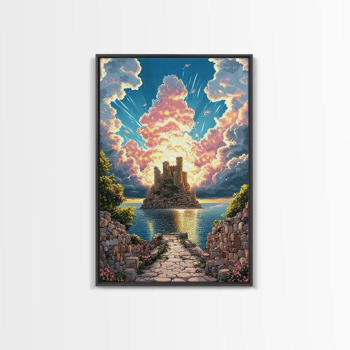 Island Castle Ruins Under Radiant Clouds Canvas Print, Coastal Fantasy Wall Art For Living Room Home Decor Housewarming Gift