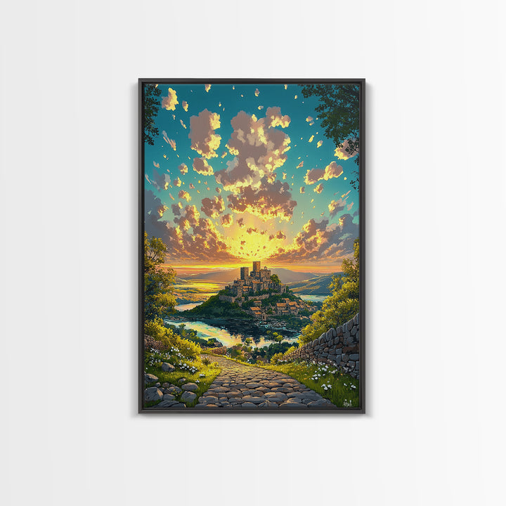 Sunrise Hilltop Castle Village Stone Path Canvas Print, Fantasy Landscape Wall Art For Living Room Decor Housewarming Gift