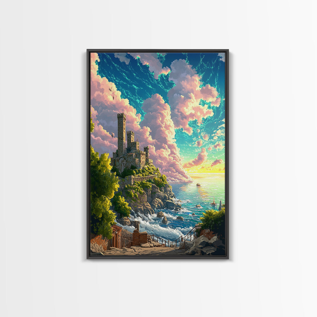 Sunlit Coastal Castle By Turquoise Sea Wall Art, Fantasy Landscape Print, Ocean Cliff Decor, Large Canvas Home Decor, Gift