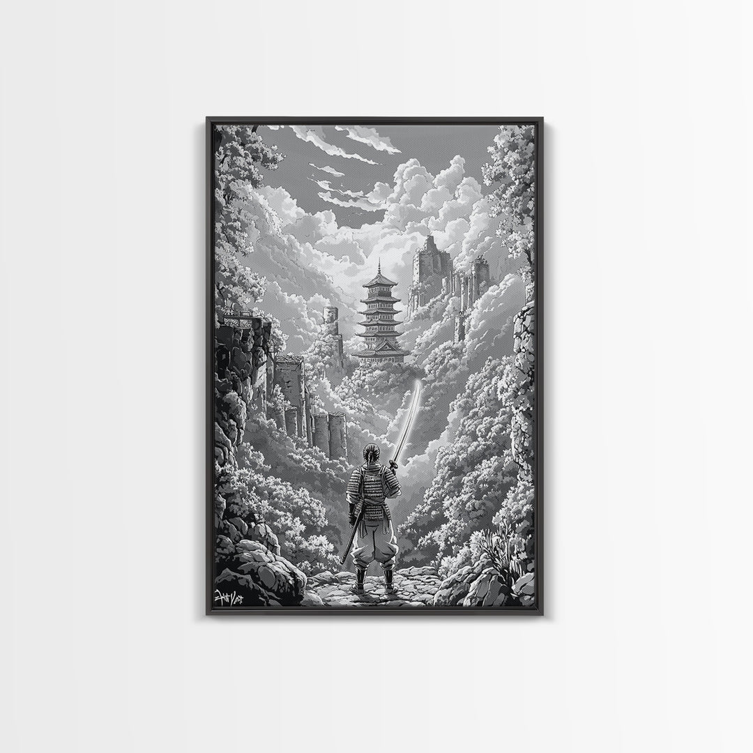Black And White Samurai Temple Wall Art, Japanese Pagoda Fantasy Print, Monochrome Landscape, Framed Canvas Print, Home Decor