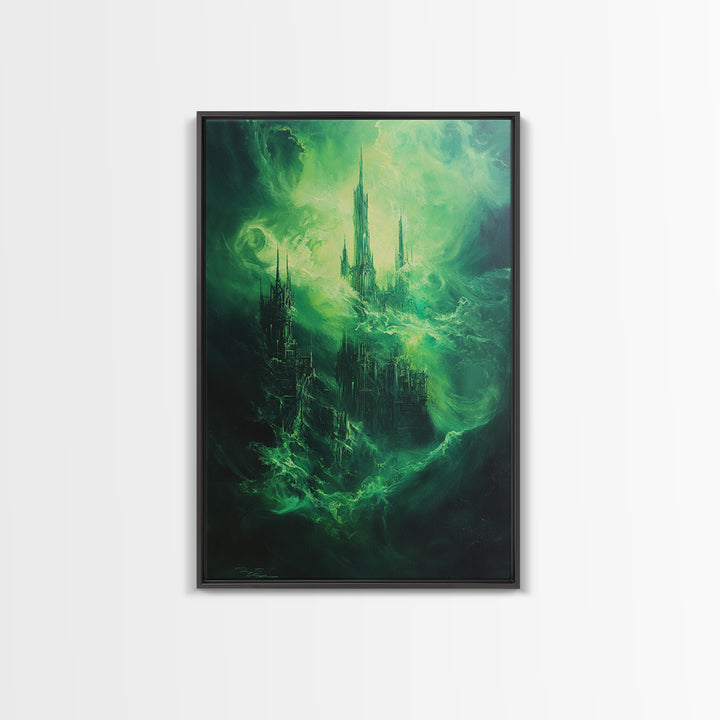 Emerald Gothic Floating Castle Large Canvas Print, Dark Fantasy Wall Art, Surreal Green Cityscape, Moody Home Decor Gift