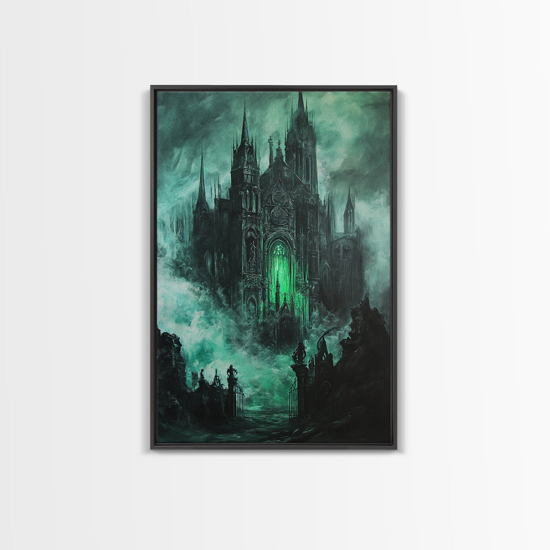Haunted Gothic Cathedral In Emerald Mist Wall Art, Dark Academia Decor, Fantasy Architecture, Moody Framed Canvas Print, Gift