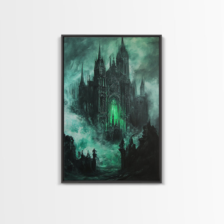 Haunted Gothic Cathedral In Emerald Mist Wall Art, Dark Academia Decor, Fantasy Architecture, Moody Framed Canvas Print, Gift