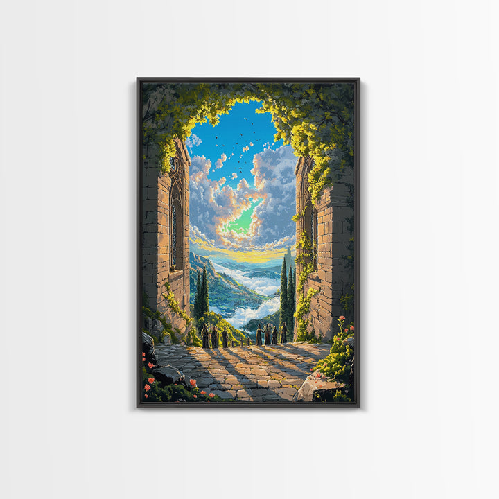 Sunlit Stone Archway Over Mountain Valley Wall Art, Italian Landscape Print, Garden Ruins Decor, Large Framed Canvas Print