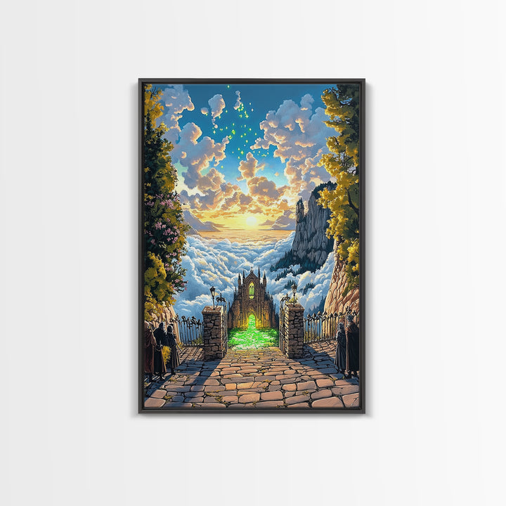 Glowing Cathedral Gate Above Cloud Sea Wall Art, Fantasy Landscape Print, Celestial Castle Decor, Large Framed Canvas Print