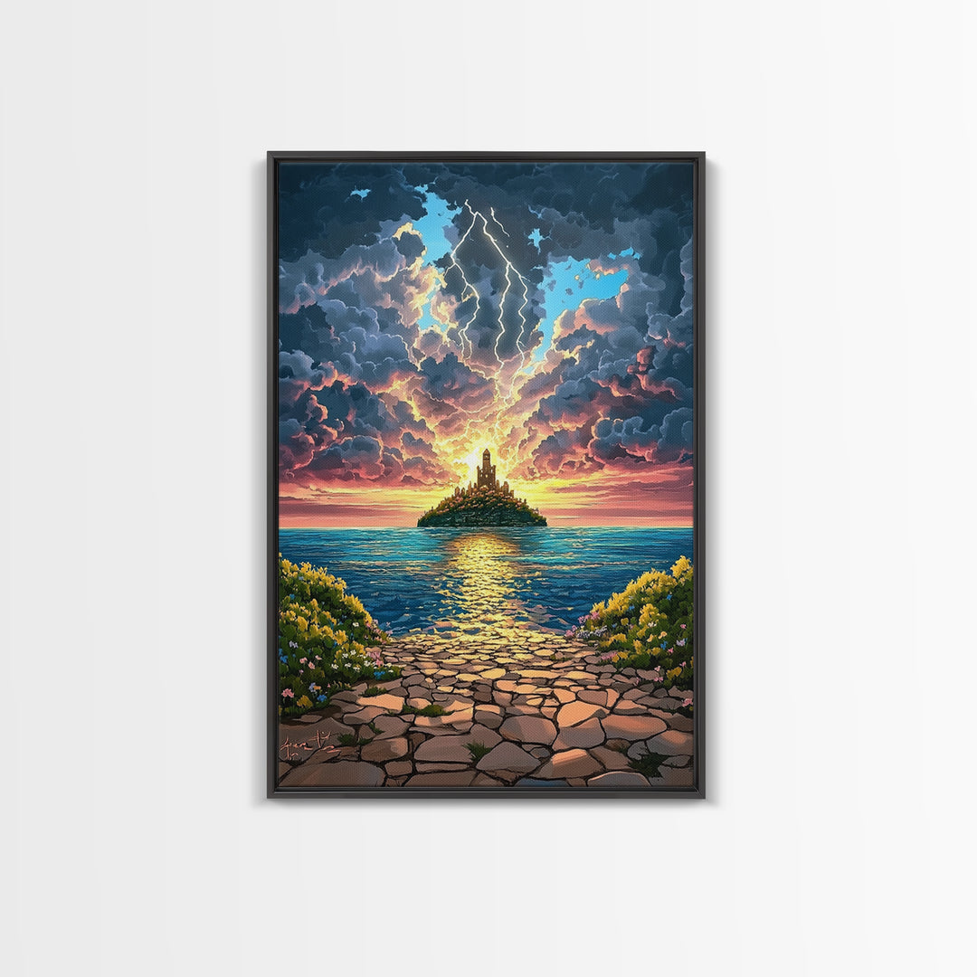 Lightning Over Island Tower At Sunset Wall Art, Dramatic Ocean Seascape Print, Fantasy Coastal Decor, Framed Canvas Print