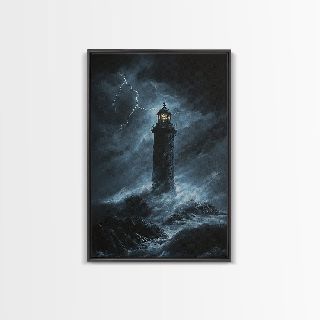 Stormy Lighthouse In Moonlit Waves Wall Art, Dark Coastal Seascape Print, Nautical Ocean Decor, Large Framed Canvas Print