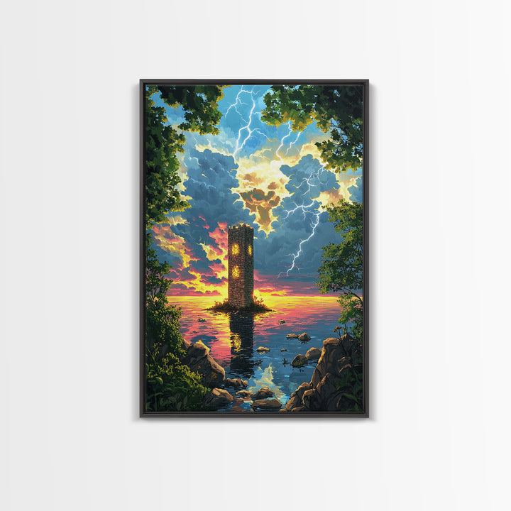Lightning Struck Sea Tower At Sunset Canvas Print, Fantasy Coastal Wall Art, Stormy Ocean Decor, Large Framed Canvas Print