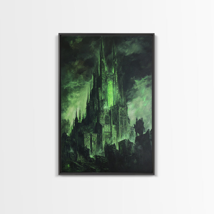 Dark Green Gothic Cathedral Wall Art, Fantasy Castle Print, Dark Academia Decor, Moody Wall Decor, Gothic Canvas Print, Mystical Art