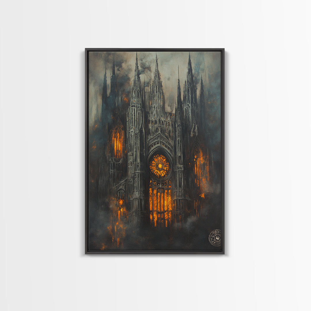 Burning Gothic Cathedral Canvas Print, Dark Fantasy Wall Art, Moody Architecture, Dark Academia Decor, Statement Artwork