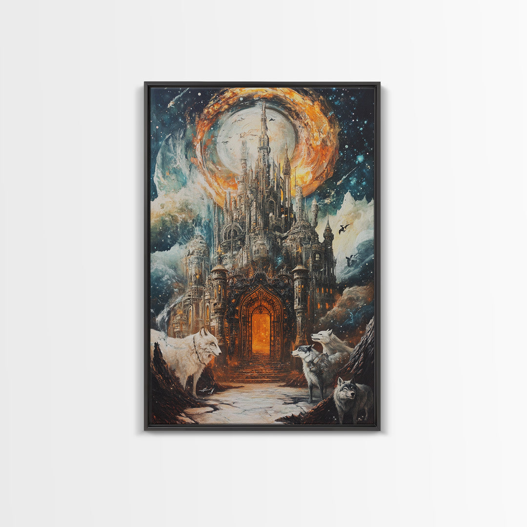 Gothic Moon Castle With Wolves Canvas Print, Fantasy Wall Art, Dark Academia Decor, Mystical Landscape, Gothic Home Decor