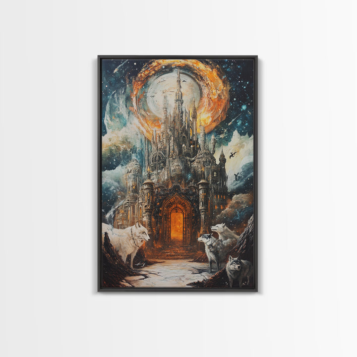 Gothic Moon Castle With Wolves Canvas Print, Fantasy Wall Art, Dark Academia Decor, Mystical Landscape, Gothic Home Decor