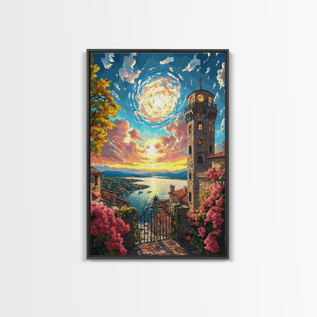 Lake Como Sunset Tower Canvas Print, Italian Coastal Wall Art, Mediterranean Decor, Travel Poster, Elegant Living Room Decor