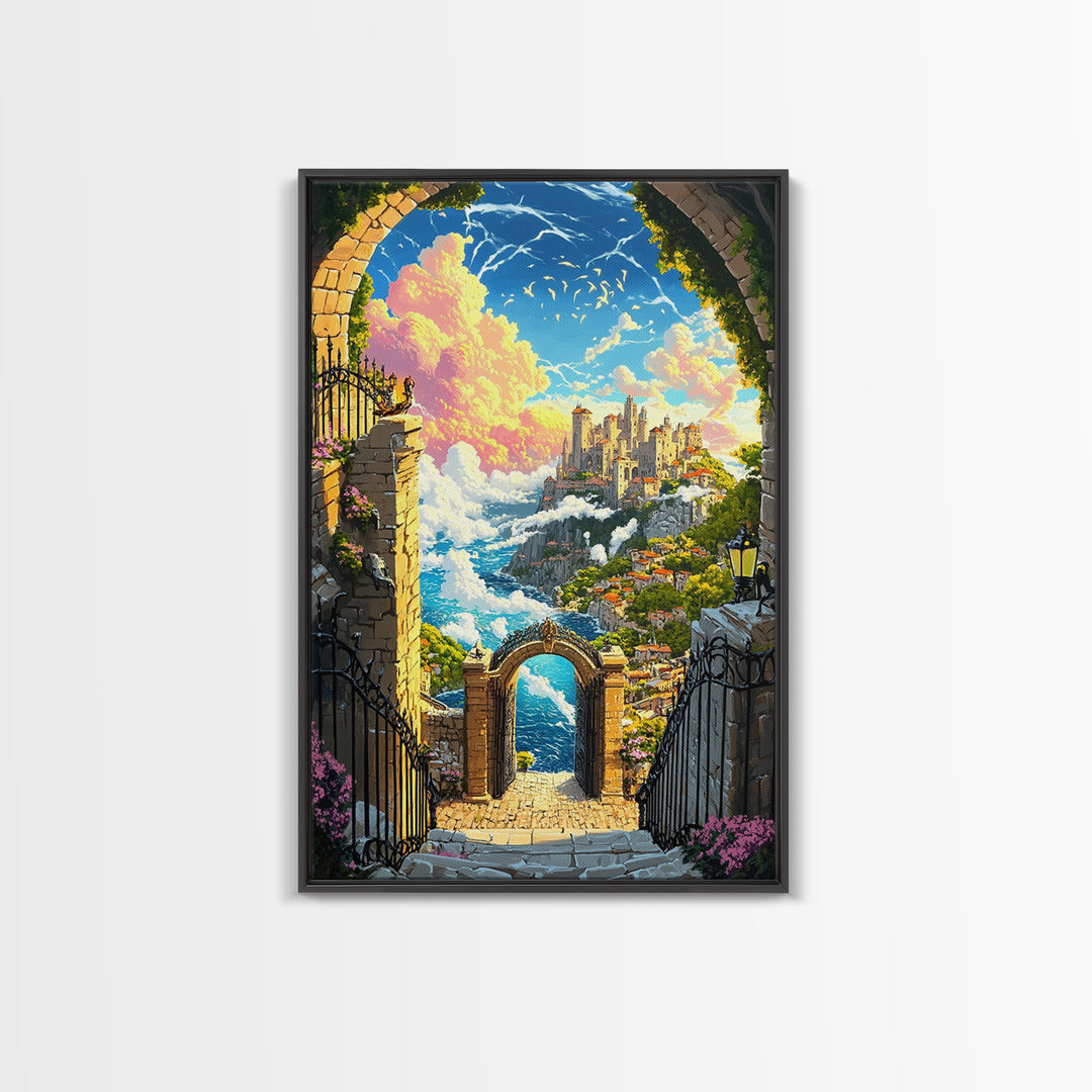 Clifftop Castle Gateway Canvas Print, Fantasy Coastal Wall Art, Whimsical Landscape, Storybook Decor, Large Art Print, Home Decor