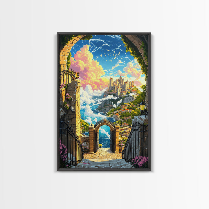 Clifftop Castle Gateway Canvas Print, Fantasy Coastal Wall Art, Whimsical Landscape, Storybook Decor, Large Art Print, Home Decor