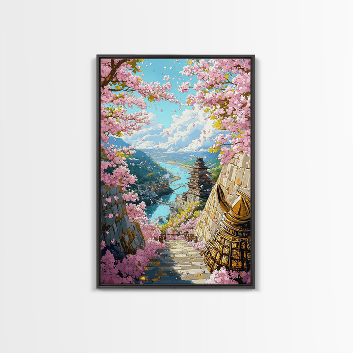 Cherry Blossom Pagoda Stairway Canvas Print, Japanese Wall Art, Samurai Decor, Spring Landscape, Zen Home Decor, Living Room Decor