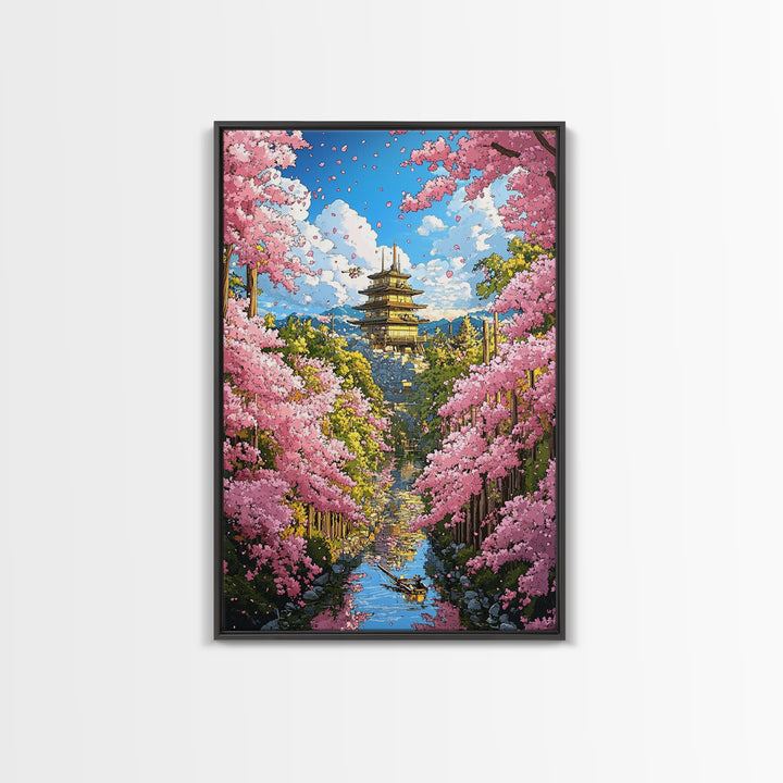 Cherry Blossom Temple Canal Canvas Print, Japanese Wall Art, Spring Landscape, Zen Garden Decor, Colorful Living Room Art