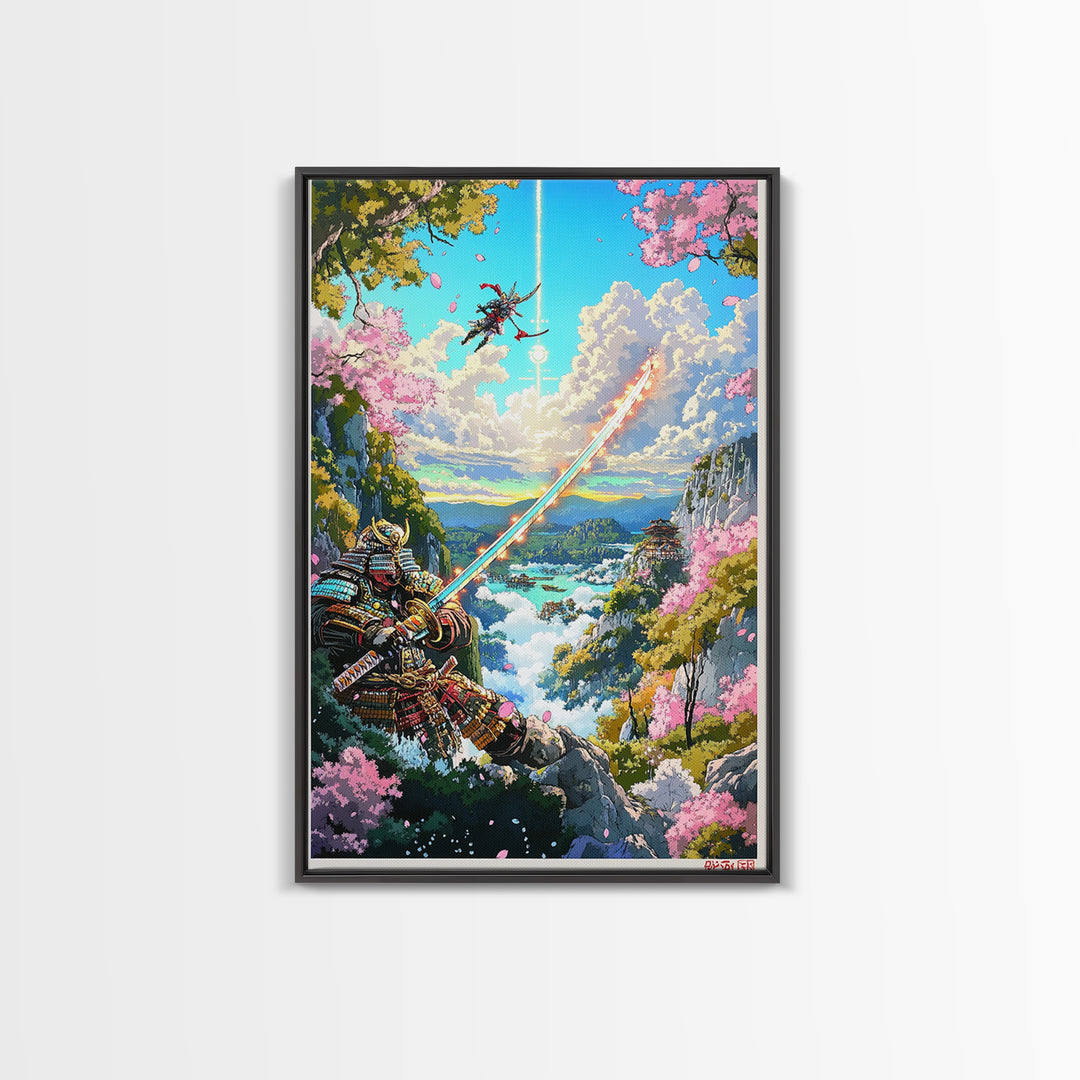Glowing Sword Samurai Canvas Print, Japanese Wall Art, Fantasy Landscape, Cherry Blossom Decor, Warrior Art, Gaming Room Art