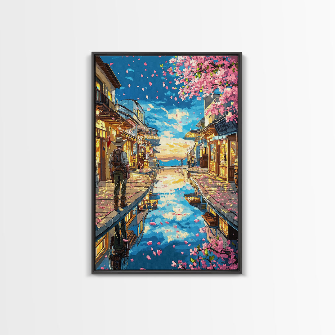 Cherry Blossom Canal Street Canvas Print, Japanese Wall Art, Kyoto Travel Poster, Reflective Water, Cozy Shop Decor, Home Decor