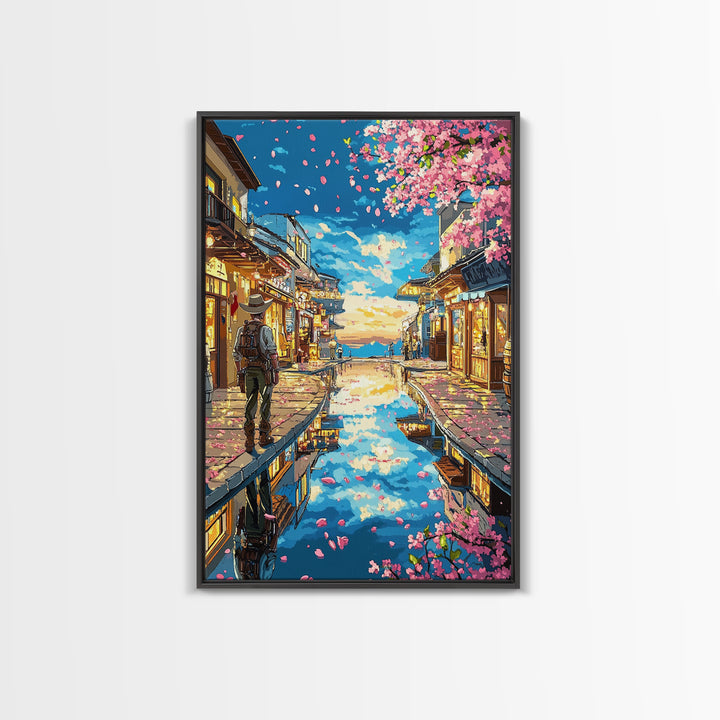 Cherry Blossom Canal Street Canvas Print, Japanese Wall Art, Kyoto Travel Poster, Reflective Water, Cozy Shop Decor, Home Decor