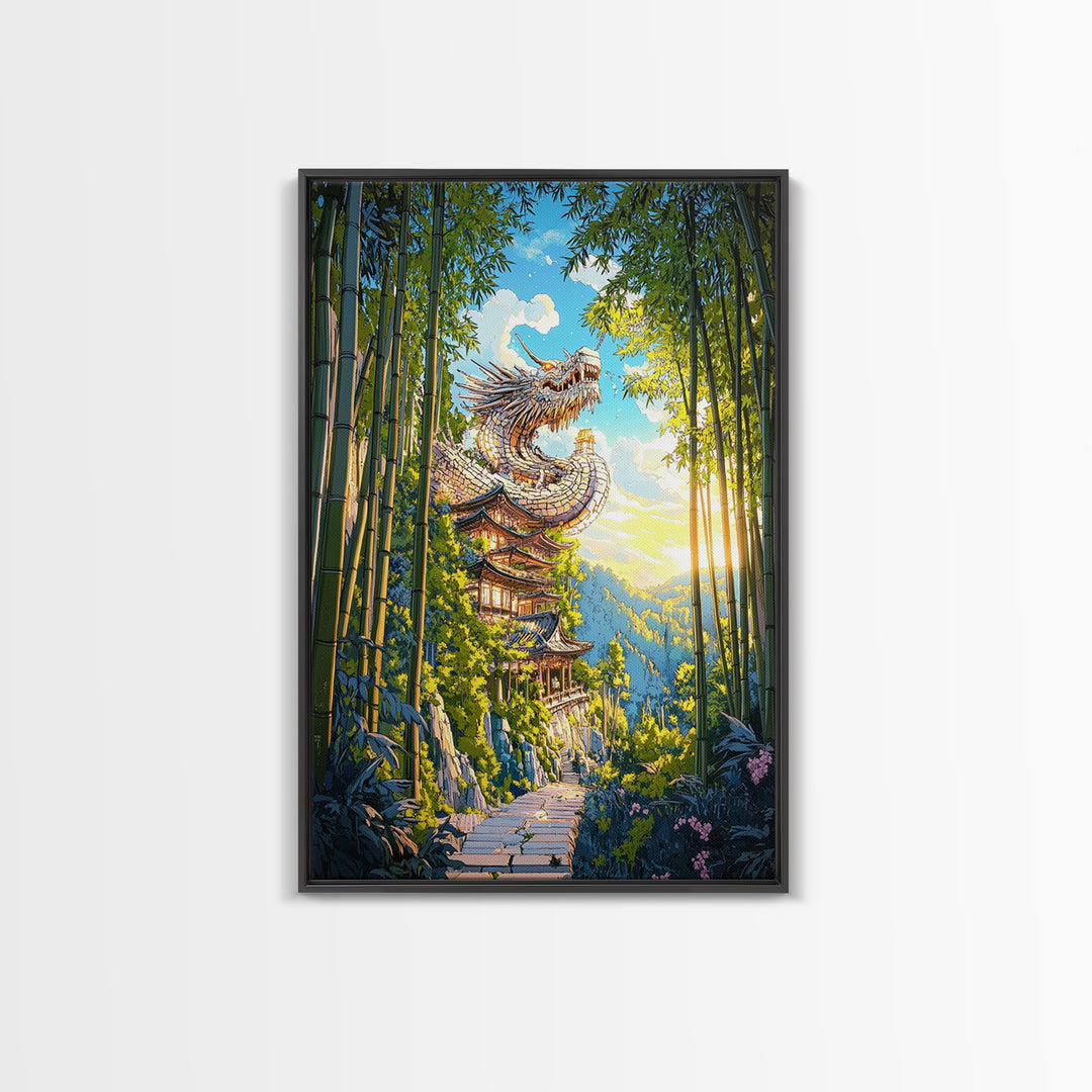 Sunlit Dragon Temple Bamboo Forest Wall Art, Japanese Fantasy Decor, Pagoda Landscape Print, Mystical Asian Home Decor Gift