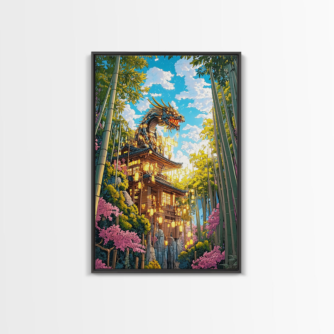 Golden Dragon Pagoda With Cherry Blossoms Canvas Print, Japanese Wall Art, Fantasy Landscape, Asian Home Decor Gift For Her