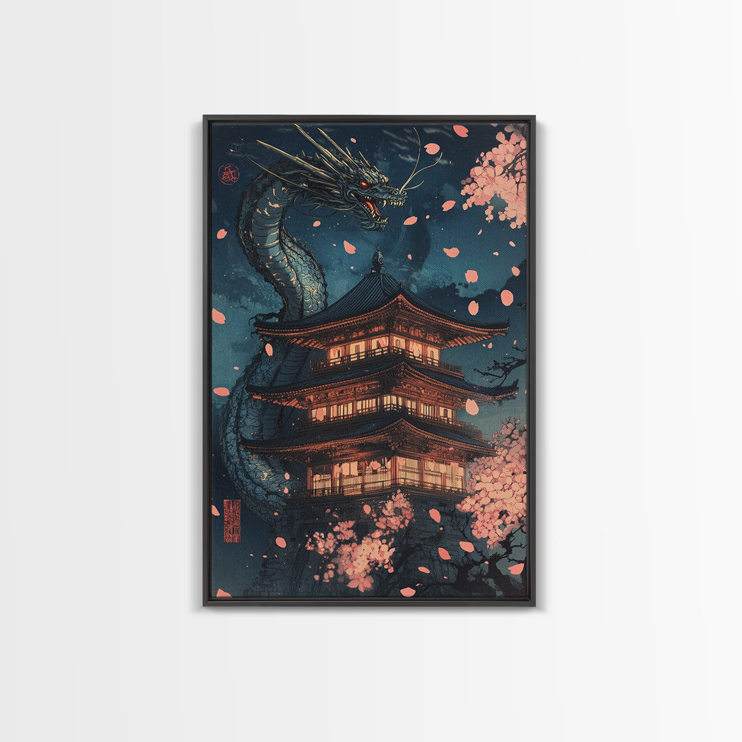 Moonlit Dragon Pagoda With Sakura Petals Framed Canvas Print, Japanese Wall Art, Dark Fantasy Decor, Cherry Blossom Poster