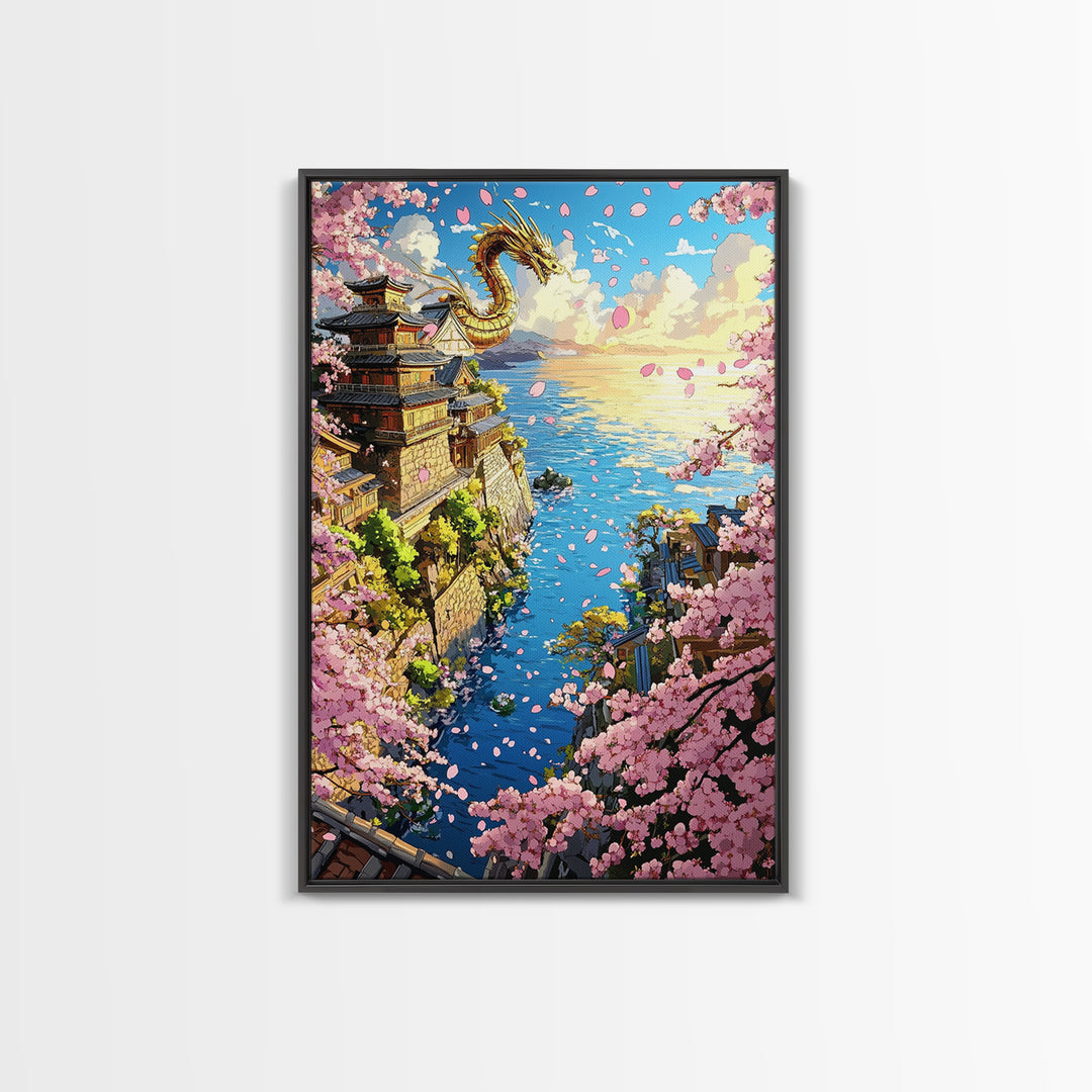 Golden Dragon Over Cherry Blossom Coastal Village Wall Art, Japanese Fantasy Seascape, Ocean Wall Decor Gift, Travel Poster