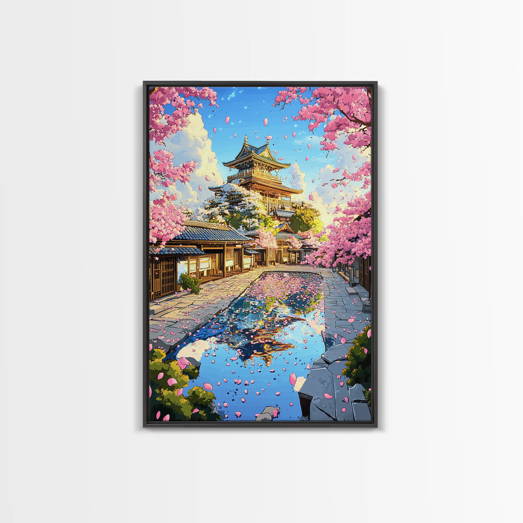 Cherry Blossom Castle Courtyard Reflection Canvas Print, Japanese Wall Art, Spring Landscape Decor, Pink Floral Art Gift