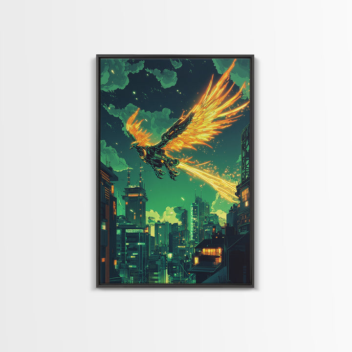 Glowing Phoenix Over Neon City Skyline Wall Art, Cyberpunk Fantasy Print, Sci Fi Decor, Futuristic Gaming Room Poster Gift