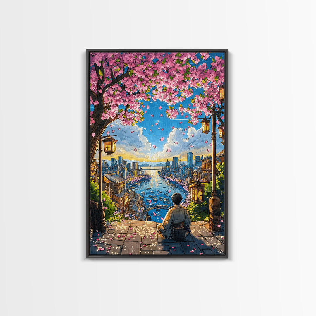 Cherry Blossom Harbor Meditation Wall Art, Japanese Anime Landscape Print, Sakura City Decor, Zen Living Room Decor, Home Decor Gift