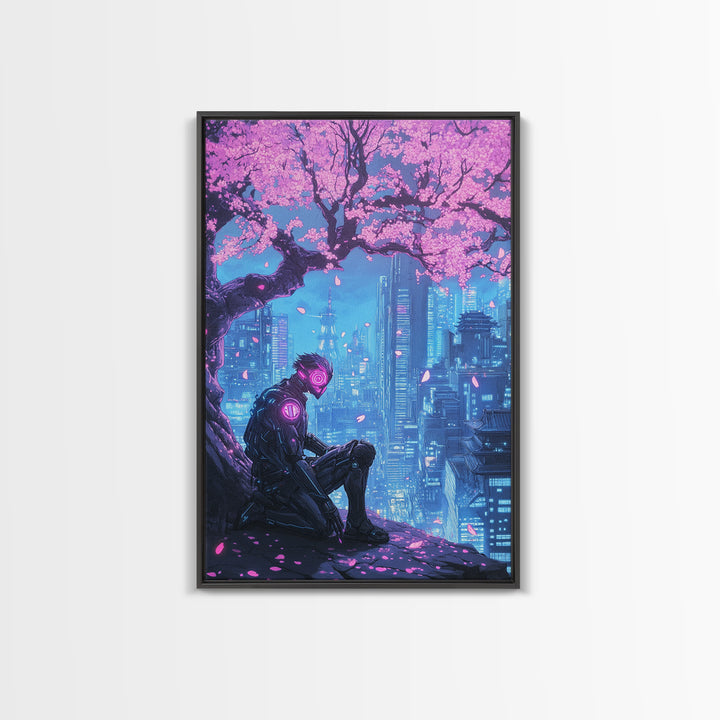 Cyberpunk Samurai Under Sakura Framed Canvas Print, Futuristic City Wall Art, Neon Sci Fi Decor, Gaming Room Wall Decor, Gift For Him