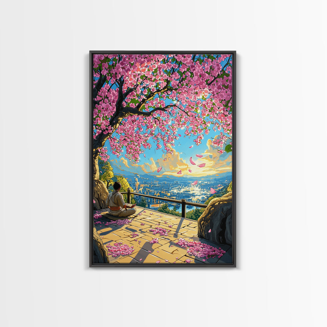 Sakura Terrace Sunset Meditation Wall Art, Japanese City Landscape Print, Cherry Blossom Decor, Zen Bedroom Wall Art, Home Decor Gift