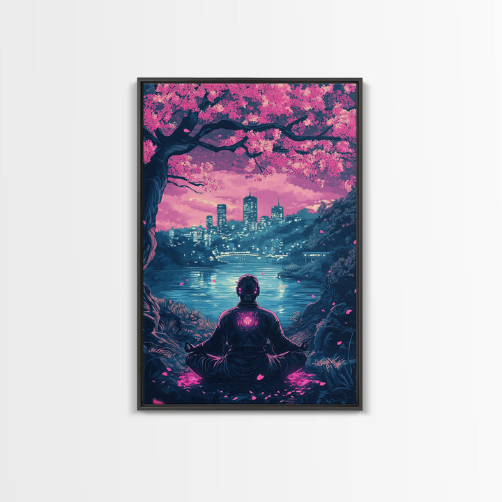 Neon Android Sakura Lake Meditation Wall Art, Cyberpunk Cityscape Print, Pink Cherry Blossom Decor, Sci Fi Bedroom Art, Gaming Room Decor