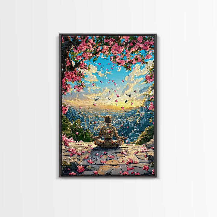 Android Meditation Sakura Valley Wall Art, Futuristic Robot Landscape Print, Cherry Blossom Decor, Japanese Anime Wall Decor