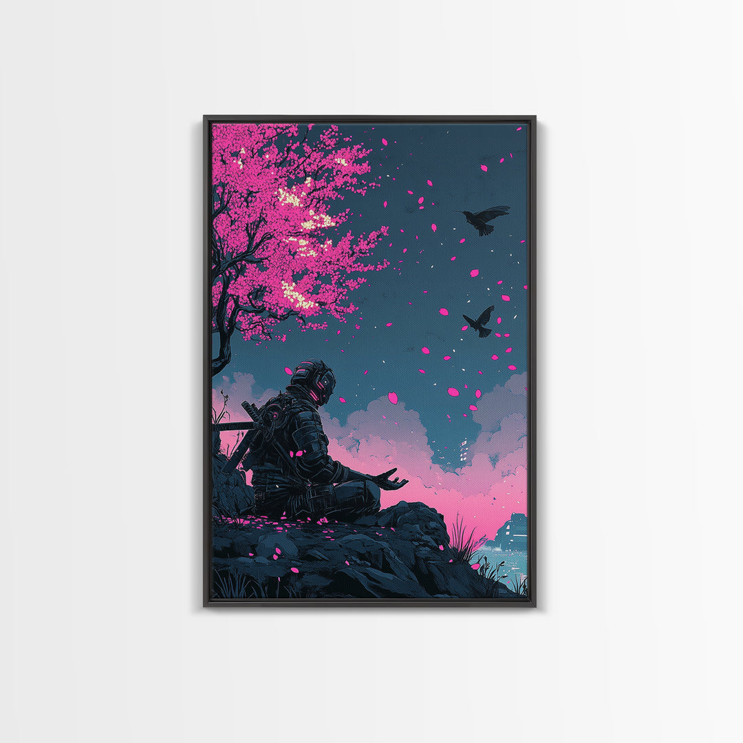 Cyberpunk Warrior Sakura Night Framed Canvas Print, Neon Sci Fi Wall Art, Pink Cherry Blossom Decor, Futuristic Poster, Gift For Him