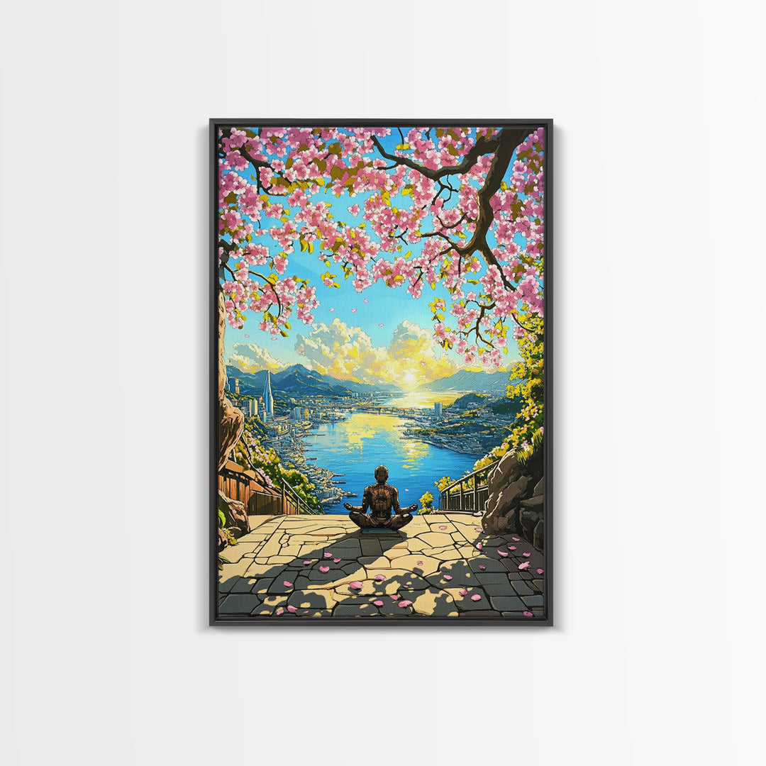 Cherry Blossom Ocean City Meditation Canvas Print, Japanese Landscape Wall Art, Sakura Sunrise Decor, Zen Home Decor Gift