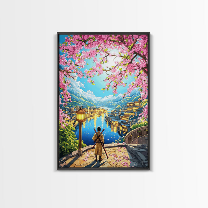 Samurai Over Lake Village With Cherry Blossoms Canvas Print, Japanese Wall Art, Anime Landscape, Travel Inspired Home Decor