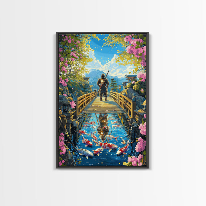 Samurai On Wooden Bridge Above Koi Pond Framed Canvas Print, Japanese Wall Art, Cherry Blossom Mountain Landscape Decor Print