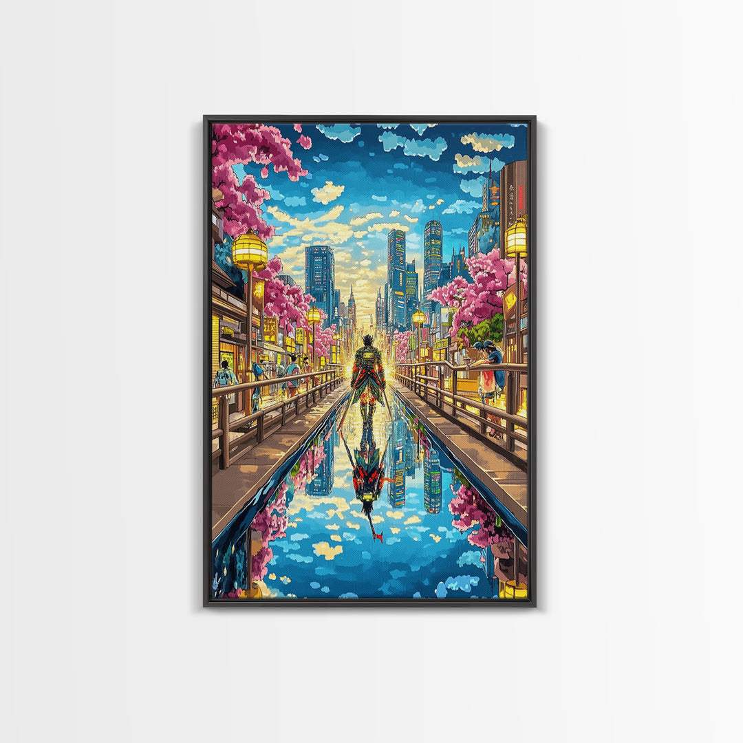 Samurai In Modern City Canal Reflection Canvas Print, Japanese Cherry Blossom Wall Art, Cyberpunk Anime Living Room Decor