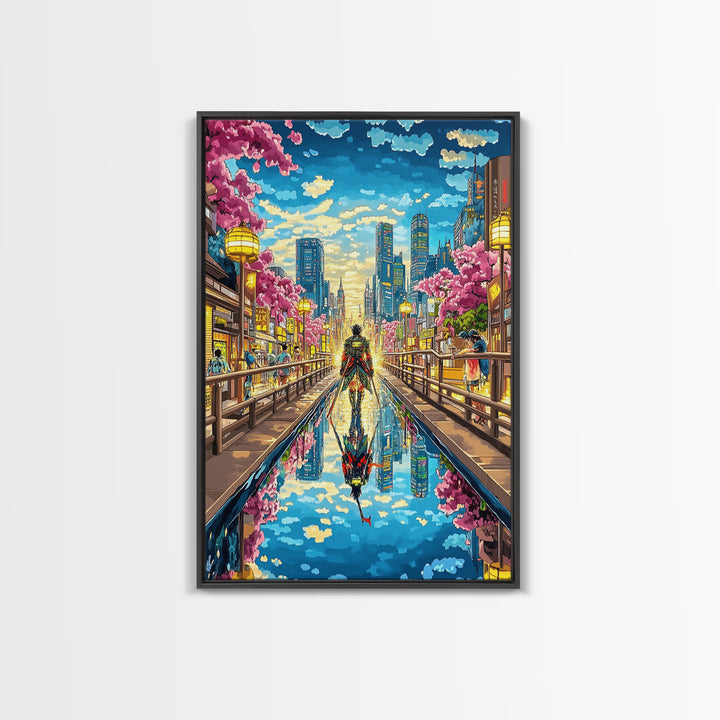 Samurai In Modern City Canal Reflection Canvas Print, Japanese Cherry Blossom Wall Art, Cyberpunk Anime Living Room Decor