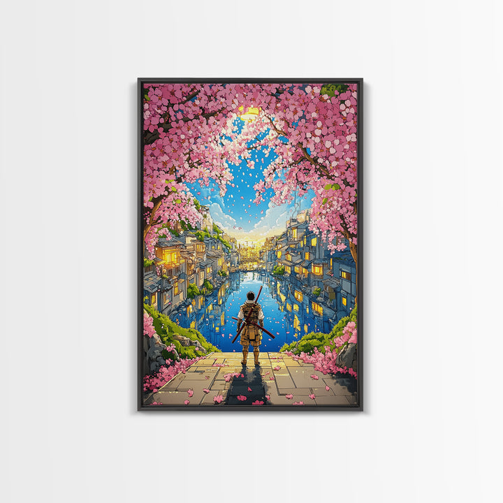 Samurai By Cherry Blossom Canal In Japanese Town Framed Canvas Print, Anime Landscape Wall Art, Cozy Living Room Decor Print