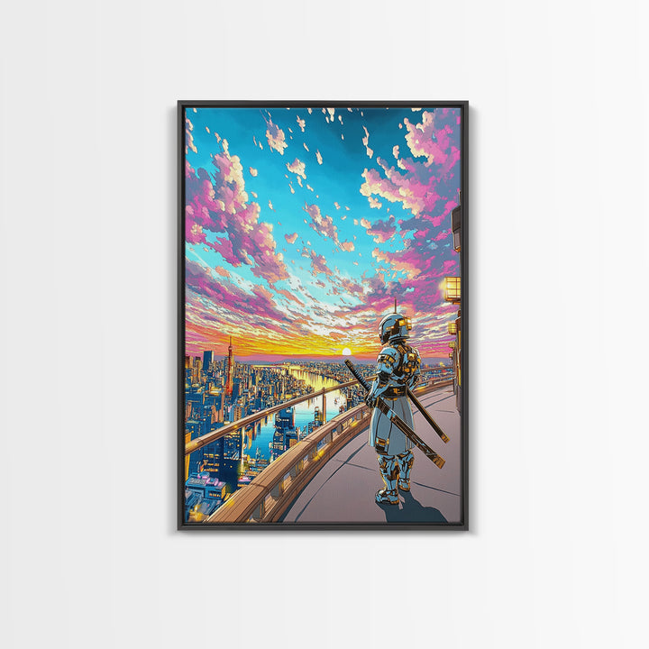 Samurai On Skyline Balcony At Pink Sunset Canvas Print, Japanese Cyberpunk Wall Art, Anime Cityscape Home Office Decor Print