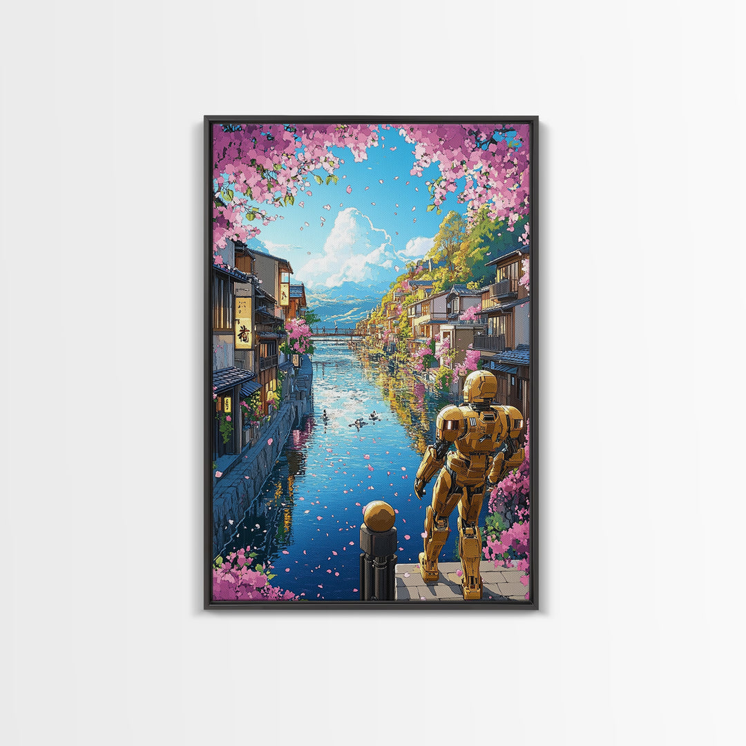 Golden Robot By Sakura Canal Wall Art, Japanese Cityscape Canvas, Futuristic Kyoto Decor, Anime Landscape Print For Living Room Decor