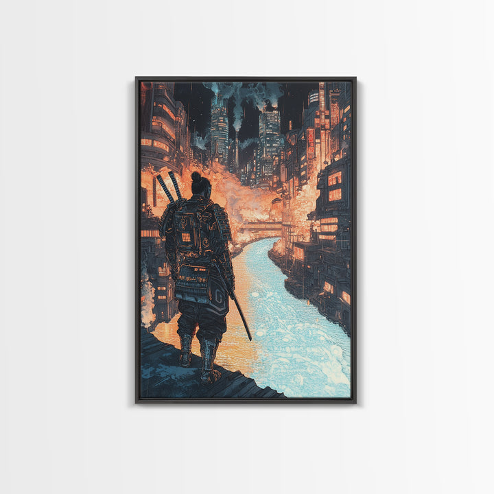Cyberpunk Samurai Over Neon Canal Framed Canvas Print, Futuristic Japanese City Wall Decor, Sci Fi Warrior Office Art Print