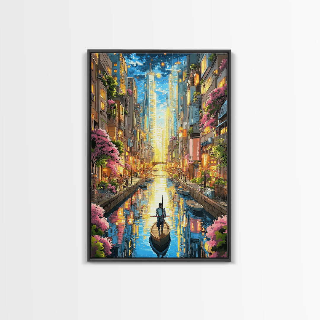 Lone Boat On Glowing Urban Canal Wall Art, Futuristic Cityscape Canvas Print, Sakura Skyline Living Room Decor, Modern Home Decor