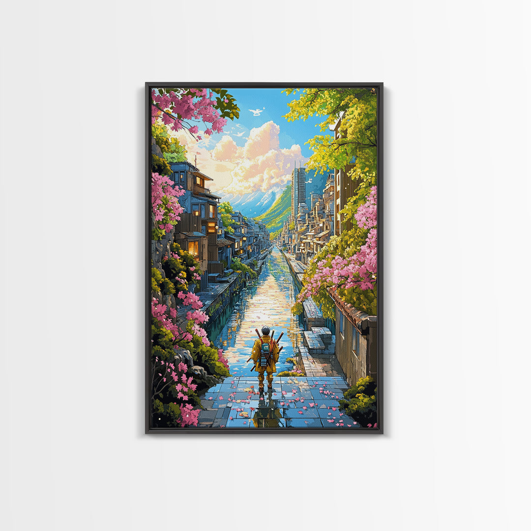 Samurai On Stone Steps Above Canal Framed Canvas Print, Japanese Mountain City Wall Art, Sakura Landscape Home Decor Gift