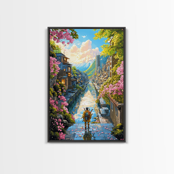 Samurai On Stone Steps Above Canal Framed Canvas Print, Japanese Mountain City Wall Art, Sakura Landscape Home Decor Gift