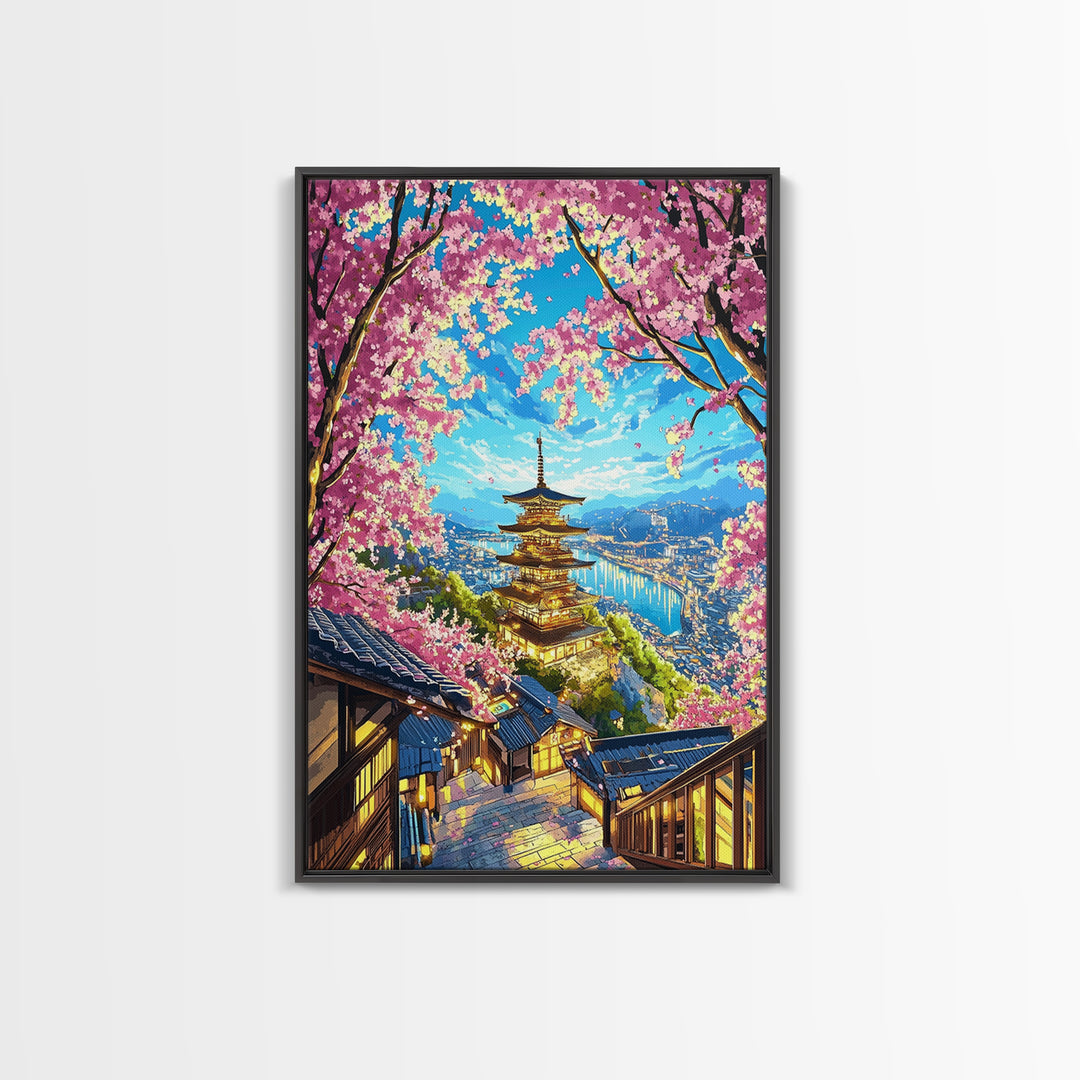 Golden Pagoda Above Blue Harbor Wall Art, Cherry Blossom Japanese Landscape Canvas Print, Kyoto Travel Home Decor Gift For Her