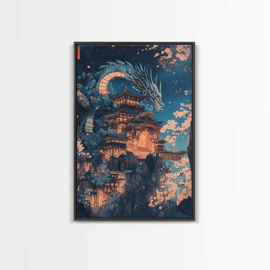 Moonlit Dragon Over Ancient Castle Canvas Print, Japanese Fantasy Wall Art, Sakura Nightscape Gothic Home Decor Mythical Gift